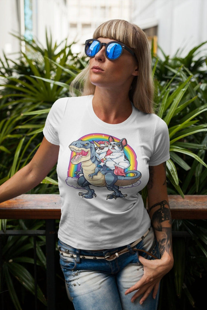 French Bulldog Unicorn Dinosaur Lockeres Damen-T-Shirt - Bobbis Store Hunde