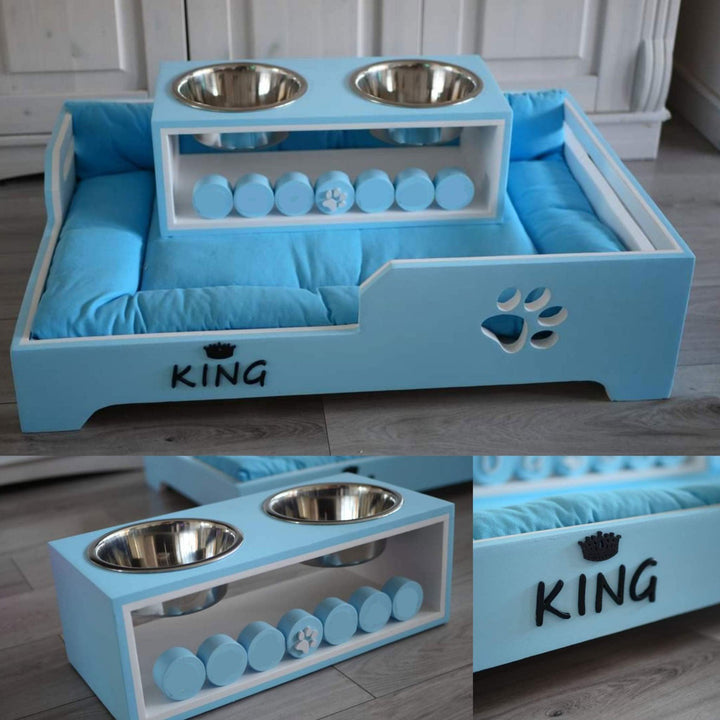 Handgefertigtes Hundebett King mit Futterstation blau Set - Bobbis Store Hunde